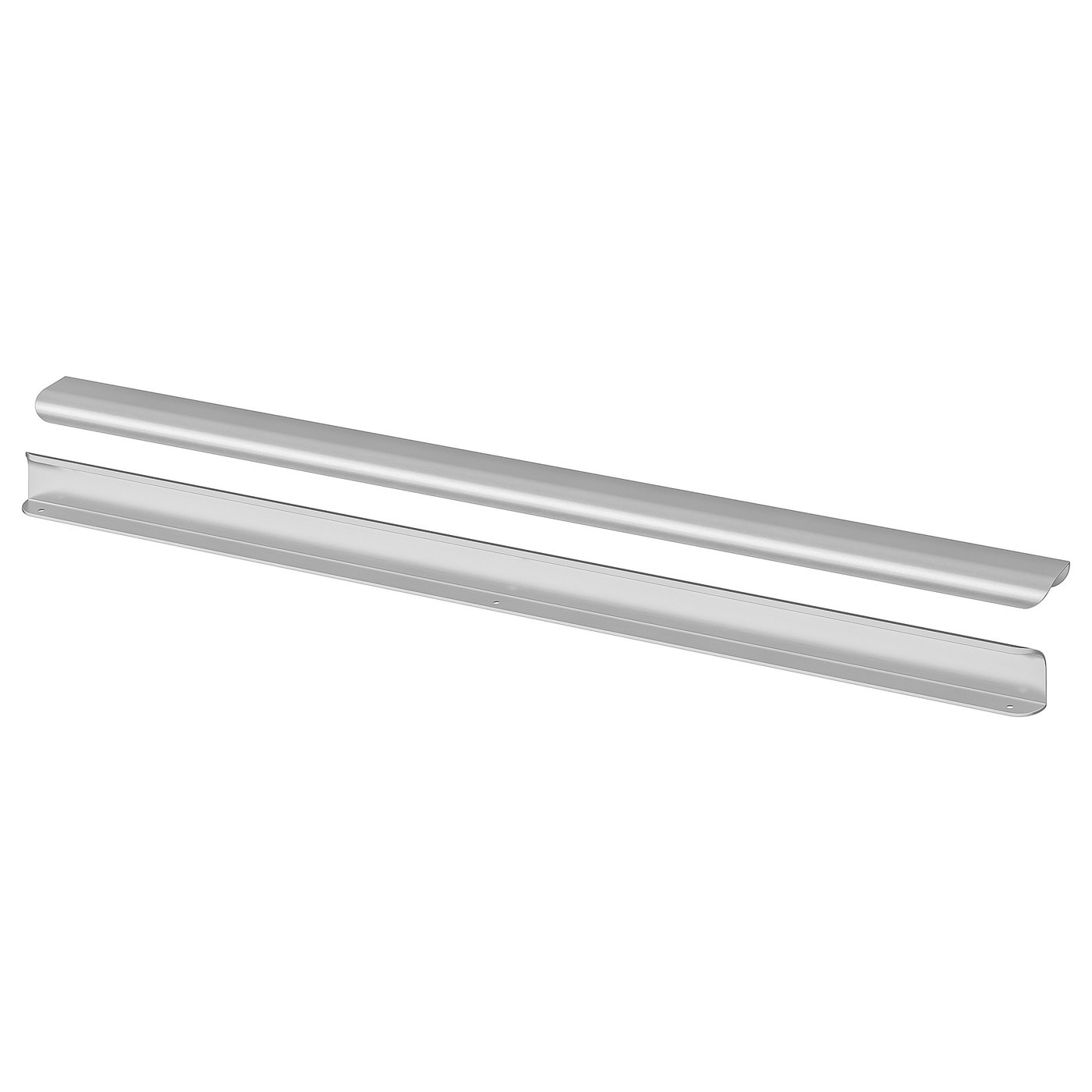 Zwei BILLSBRO Küchengriffe in Silber, schlank und minimalistisch, aus pulverbeschichtetem Aluminium, nebeneinander positioniert.