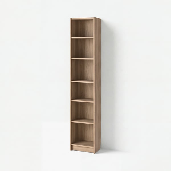 Hohes, schmale hölzerne BILLY-Bücherregale mit sechs leeren Regalen an der Wand.