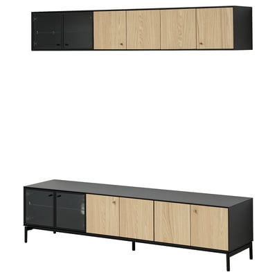 Moderne TV-Bank und Wandregal mit schlankem Design, Falt- und Glastüren aus Holz und Metall, ideal für die Aufbewahrung im Wohnzimmer.
