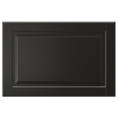 Eine schwarze, rechteckige BODBYN-Schubladenfront mit glattem, abgeschrägtem Paneeldesign aus Faserplatten und Polyurethan-Lack.