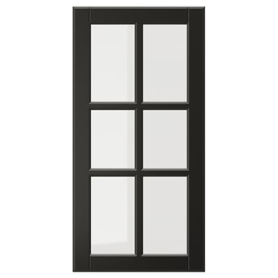 Schwarze BODBYN-Glasschranktür mit abgeschrägtem Rahmen und gehärtetem Glas.
