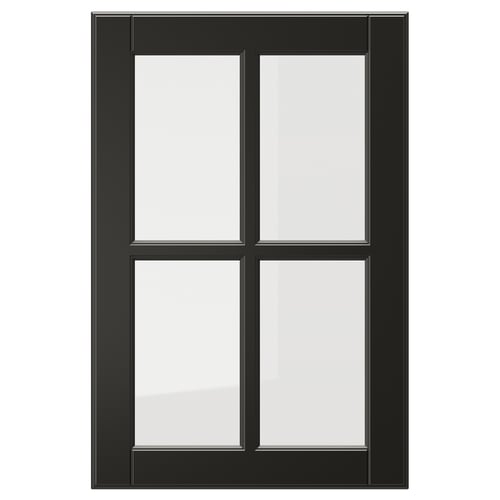 Schwarze BODBYN Glastür mit dunkler Ästhetik, abgeschrägtem Rahmen und gehärtetem Glas. Klassisches, anspruchsvolles Design, perfekt für die Küche.
