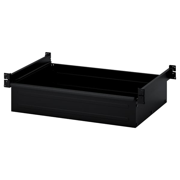 Schwarze BROR Stahlschublade, schlankes Design, robuste Konstruktion, ausziehbare Anschläge, passt in verschiedene Räume.