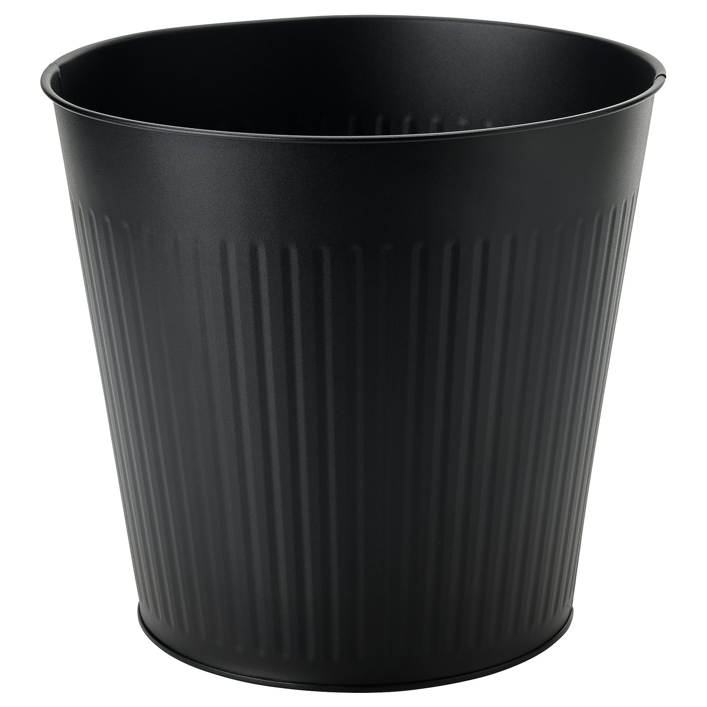 Pflanzkübel aus schwarz verzinktem Stahl mit geripptem Design.