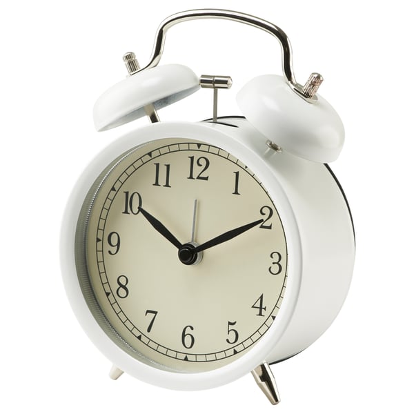 Weißer Wecker, klassisches Design, runde Form, geräuschloses Quarzwerk.
