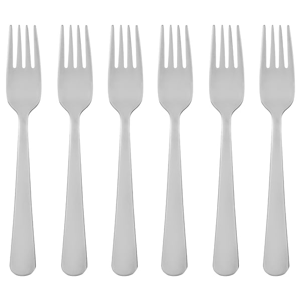 Sechs silberne Edelstahlgabeln mit langen, schlanken Griffen und vier Zinken, ordentlich in einer Reihe angeordnet.