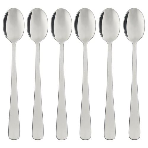 Sechs polierte Edelstahllöffel mit gleichmäßig abgerundeten Schalen, ordentlich in einer Reihe aufgereiht; Zeitloses und langlebiges Design.