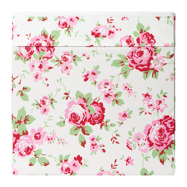 Blumen-Aufbewahrungsbox mit rosa und roten Rosen auf weißem, hochwertigem Stoff, stilvoll und funktional.