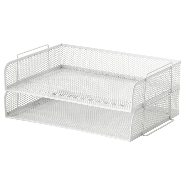 Eine DRÖNJÖNS-Briefablage aus weißem Metallgitter mit zwei Ebenen zum Organisieren von Papieren und Dokumenten.