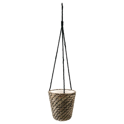 DRUVFLÄDER Hängepflanzenkorb, weiß, Jute & Wasserhyazinthe, rund, handgefertigt.