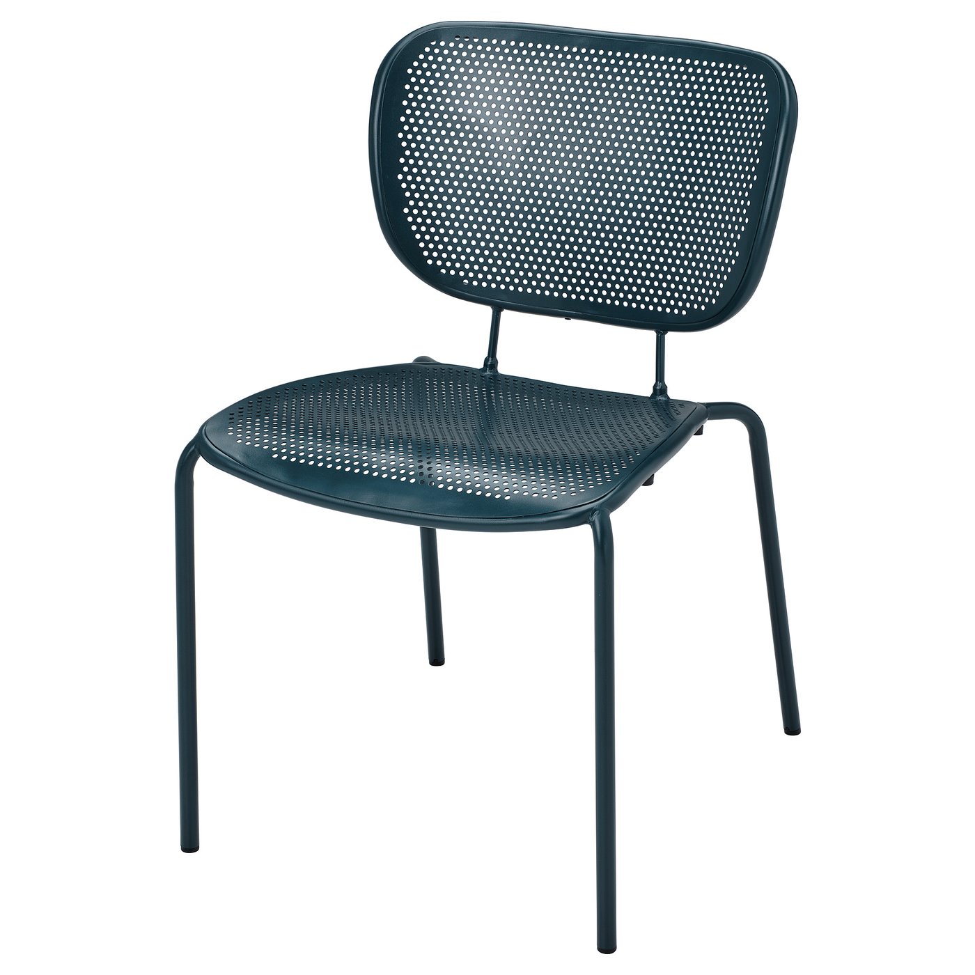 Ein dunkelblauer DUVSKÄR stapelbarer Metallstuhl mit belüfteter Sitzfläche.