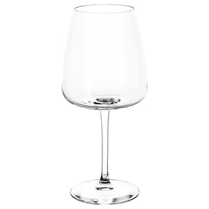 Klares, elegantes Weinglas mit langem Stiel und runder Schale.