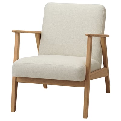 Mid-Century-Stuhl: hellgrauer Stoff, helles Holzgestell, quadratische Form, Armlehnen.