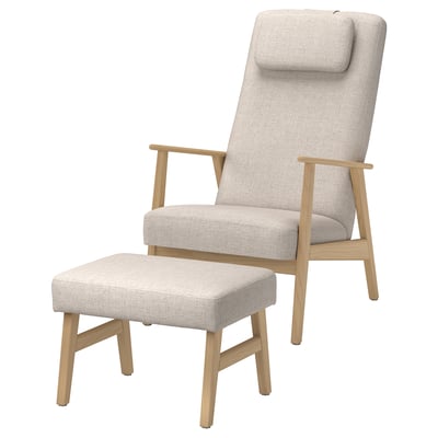 EKENÄSET Sessel mit hoher Rückenlehne+Hocker, Eichenachbildung/Kilanda hellbeige