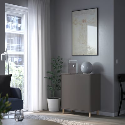 Modernes Zimmer mit grauem EKET-Gehäuse, Lautsprecher, Pflanze, Leonardo da Vinci Kunstwerk.