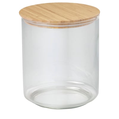Lebensmittelglas aus klarem Glas mit Bambusdeckel, zylindrische Form.