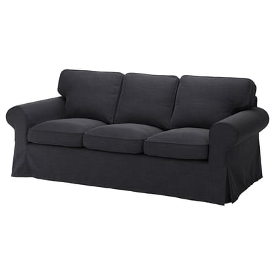 Dunkelgraues EKTORP-Sofa, dreisitzig mit gerollten Armlehnen, dicke Kissen, abnehmbarer Bezug.
