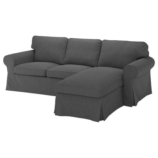 Graues EKTORP-Sektionssofa mit dicken Kissen, linker oder rechter Chaiselongue und zeitlosem Design.