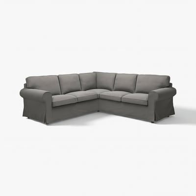 Modernes, graues, l-förmiges Ecksofa mit aufgerollten Armlehnen und gepolsterten Sitzen.