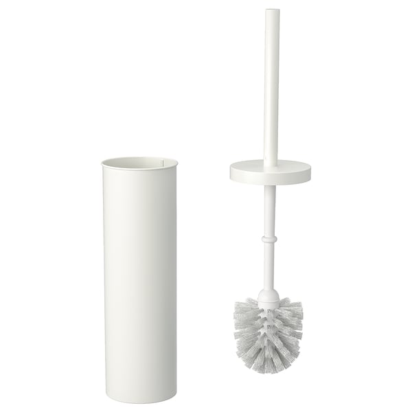 Weiße Toilettenbürste und -halter, minimalistisches Design, recycelte Materialien.
