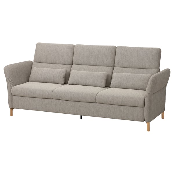 FAMMARP Sofa: grauer Tweed, geschwungene Rückenlehne, verstellbare Kopfstützen, Holzbeine.
