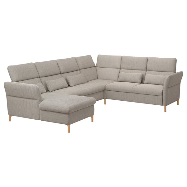 Ein FAMMARP Sektionssofa in Grau mit Holzbeinen, das ein modernes und komfortables Design bietet.