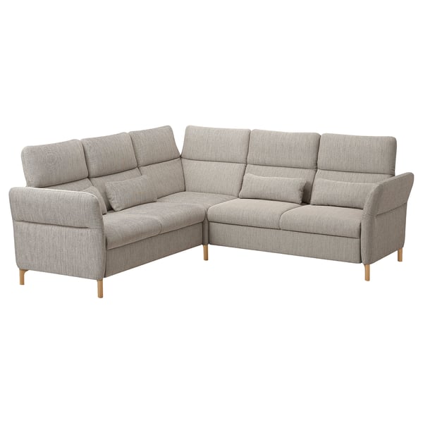 Modernes graues L-förmiges Sofa mit verstellbaren Kopfstützen, Holzbeinen und gemustertem Stoff.