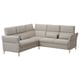 Modernes graues L-förmiges Sofa mit verstellbaren Kopfstützen, Holzbeinen und gemustertem Stoff.