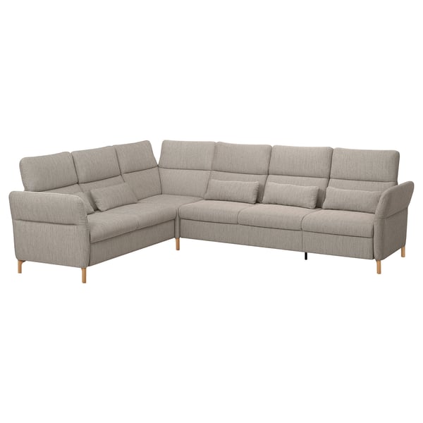 FAMMARP L-förmiges Sofa, hellgrau, weiche Kissen, Holzbeine, modernes, gemütliches Design.