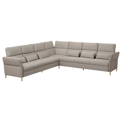 Modernes graues L-förmiges FAMMARP-Sofa mit verstellbaren Kissen und Holzbeinen.