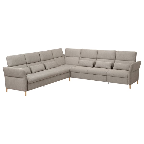 Ein FAMMARP-Sektionssofa in neutralem Beige mit Holzbeinen, verstellbaren Kopfstützen und Lendenwirbelstütze für mehr Komfort.