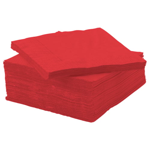 Ein Stapel knallroter gefalteter Servietten, ordentlich sortiert und aus Papier gemacht.