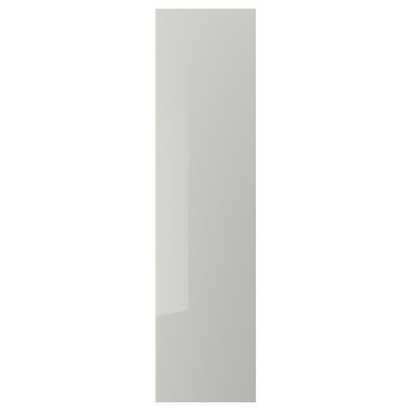 Die FARDAL-Tür ist ein schlankes, graues, rechteckiges, hochglänzendes Modell aus Spanplatten mit Kunststoffkanten und Folie.