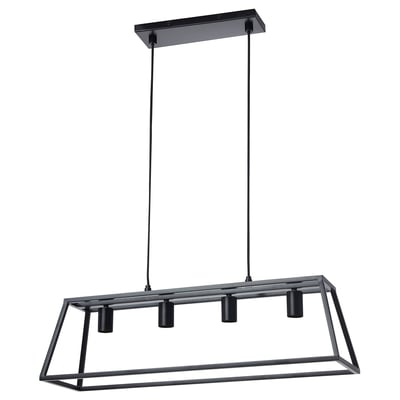 Eine moderne FELSISK Pendelleuchte aus schwarzem Metall mit vier Lichtern, die an einer Schnur hängen.