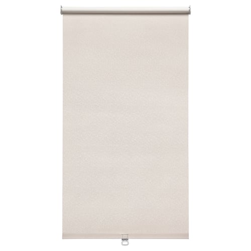 Ein FÖNSTERBLAD-Rollo in Beige mit dezentem Kreismuster aus Polyester, das das Licht abhält.