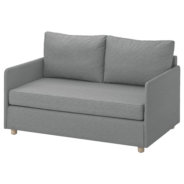 Graues FRIDHULT Schlafsofa, minimalistisches Design aus recyceltem Stoff und Holz, ideal für kleine Räume.