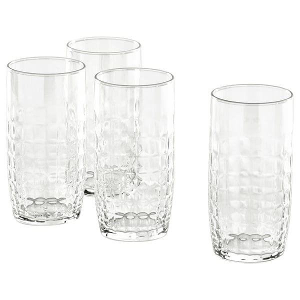 Set mit 4 klaren, hohen, facettierten Glasbechern.