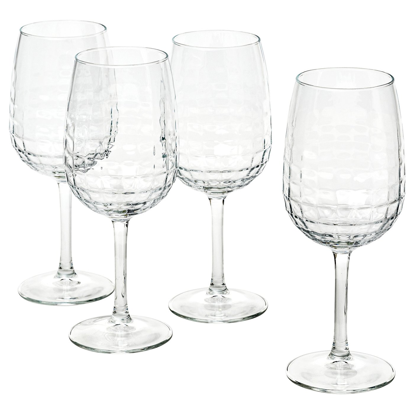 Vier klare, facettierte Weingläser im Set, aus Glas. Elegantes Design, perfekt für Wein und besondere Anlässe.