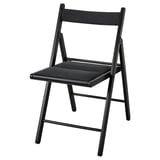 Schwarzer Klappstuhl, modernes Design, robuster Sitz und Rückenlehne aus Stoff, robustes Hartholzgestell.