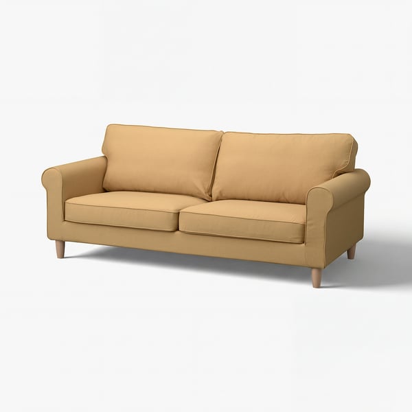 GÄLLTOFTA beige Sofa, aufgerolltes Armdesign, hellbrauner Stoff, Holzbeine, gemütliche und kompakte Form.