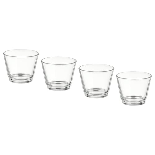 Vier GALEJ Teelichthalter aus Glas in klarer Farbe, stapelbar, schlichtes und elegantes Design.