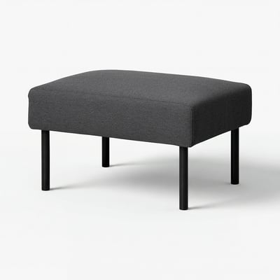 GLOSTAD grauer Stoffhocker, quadratische Form, schwarze Beine.