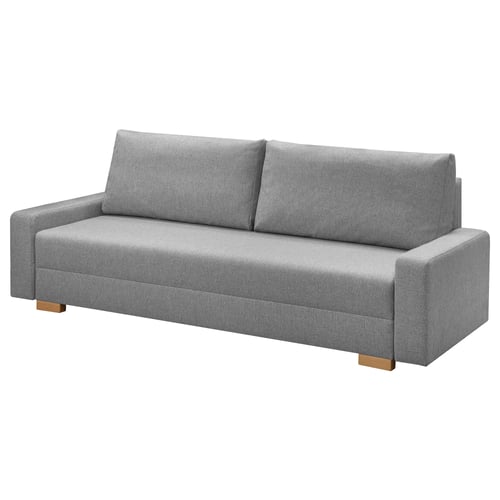 Ein graues GRÄLVIKEN-Schlafsofa mit modernem, schlichtem Design. Es hat drei Kissen und Holzbeine, perfekt für kompakte Räume.