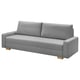Ein graues GRÄLVIKEN-Schlafsofa mit modernem, schlichtem Design. Es hat drei Kissen und Holzbeine, perfekt für kompakte Räume.