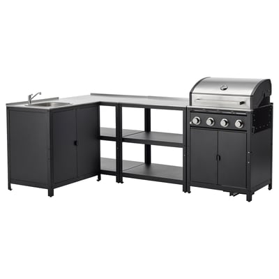 Modernes schwarzes Outdoor-Küchenset mit Spüle, Herd und Grill.