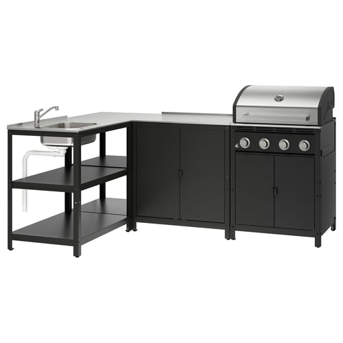 Moderne Außenküche mit Spüle, Stauraum und Gasgrill in Schwarz.