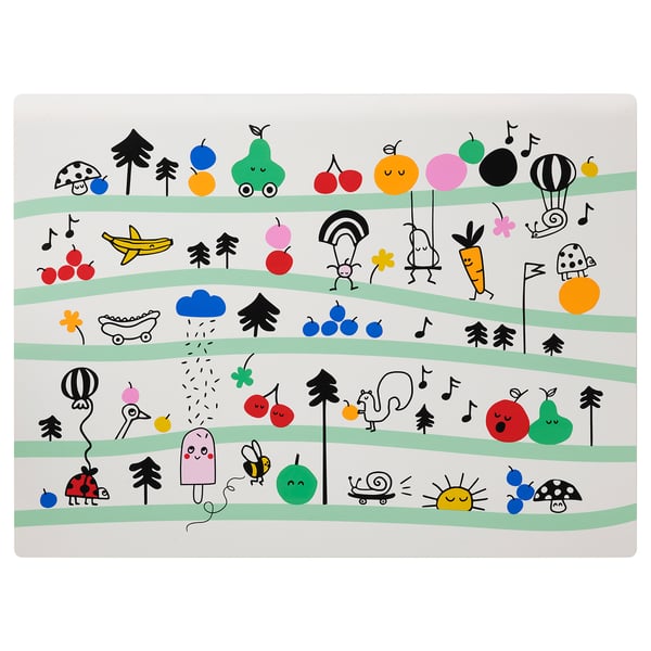 Lebendiges GRÖNFINK Tischset, weiß, mit Cartoons, Früchten und Natur, Kindertischdekoration.