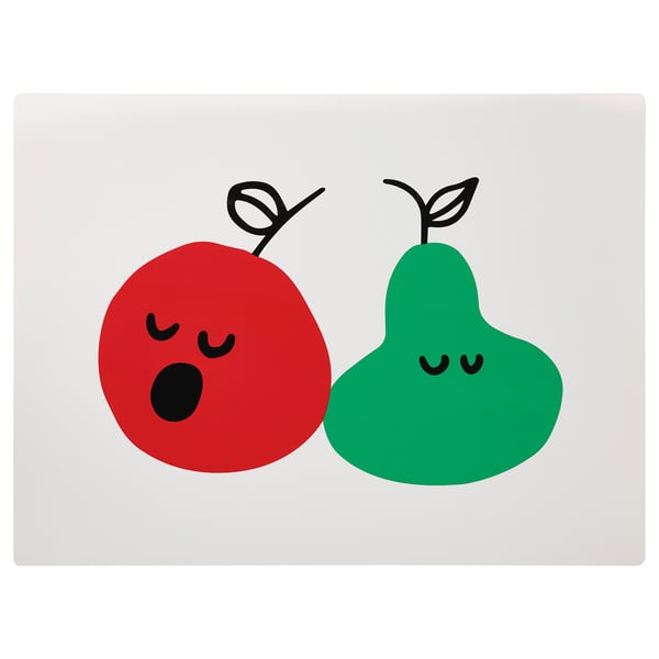 Dieses Bild ist das bunte GRÖNFINK Tischset in Rot und Grün mit skurrilen Fruchtmotiven, hergestellt aus strapazierfähigem Polypropylen-Kunststoff.