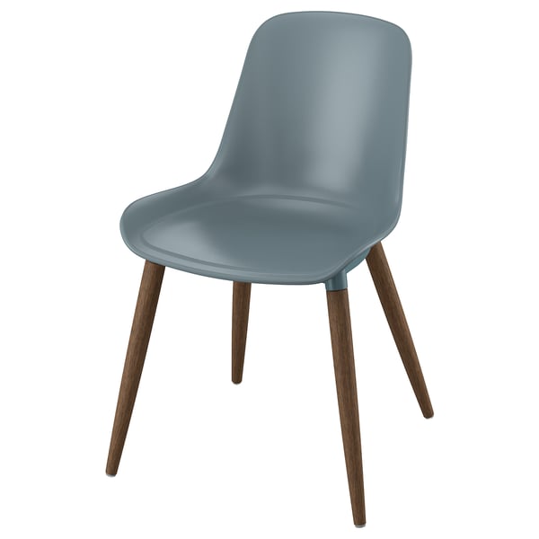 Ein einzelner hellblauer "GRÖNSTA"-Stuhl mit einem gebogenen, bequemen Sitz und vier Holzbeinen, ideal für eine einfache Reinigung.