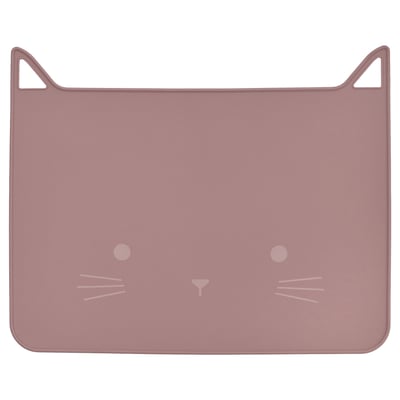 Zeigt ein hellrosa GULDVÄVARE-Silikon-Tischset, das wie ein Katzengesicht mit Ohren, Schnurrhaaren und Augen gestaltet ist. Es ist quadratisch geformt und wasserdicht.